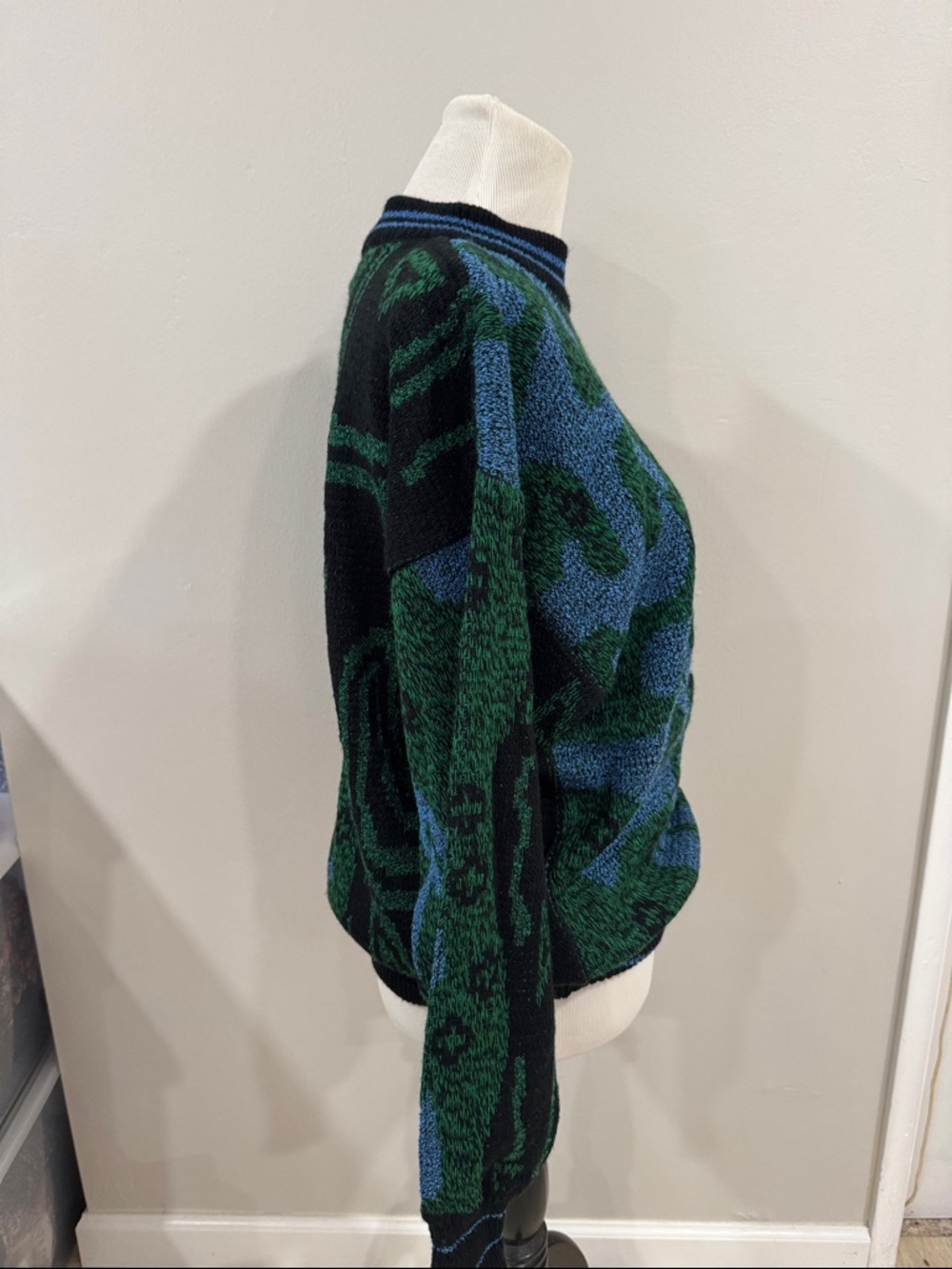Vintage 80s City Streets green and blue artsy unique unisex pull-over sweater - Picture 3 of 5